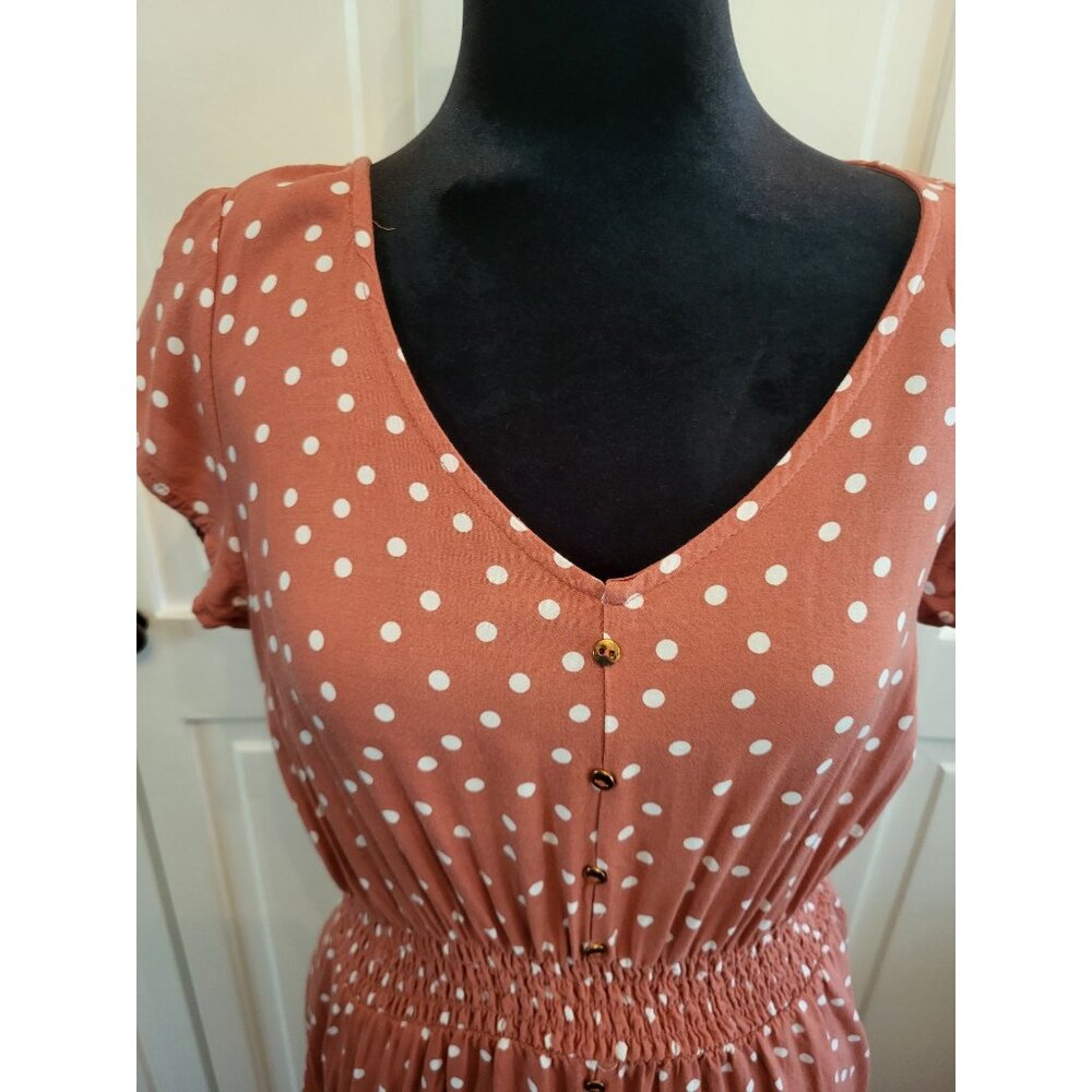 50s Inspired Terracotta Polka Dot Rayon Dress  M Smocked Waist Twee TradWife - Picture 5 of 5